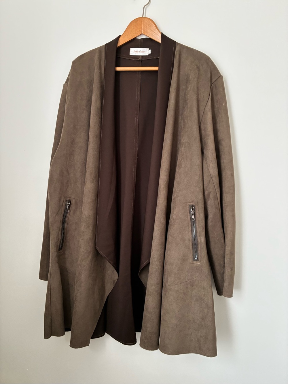 Women’s plus size olive green faux suede waterfall/open drape jacket